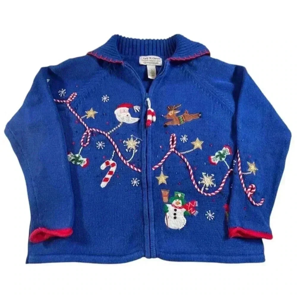 Carly St. Claire Christmas Zip Sweater Blue Medium